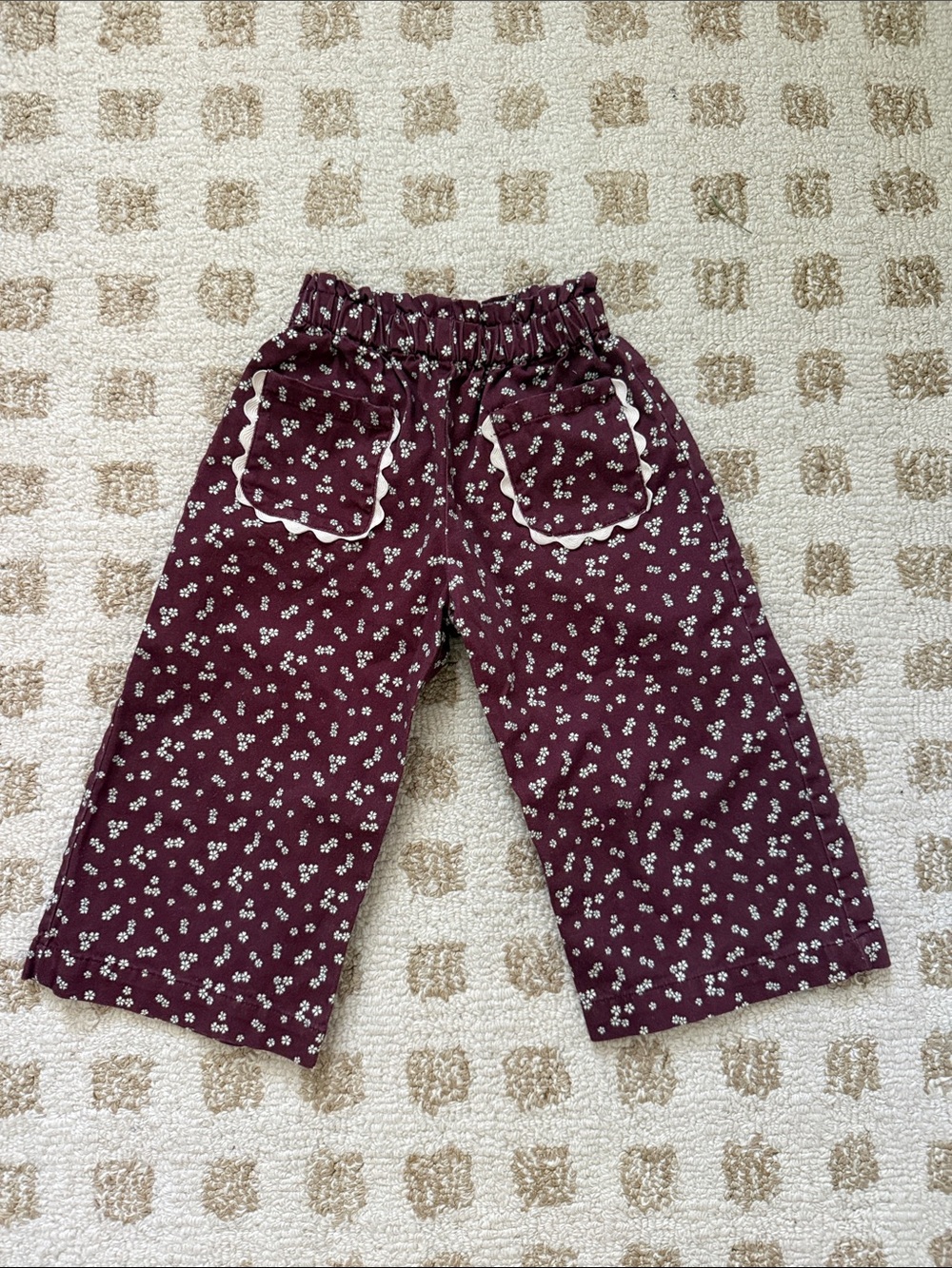 Zara Maroon Floral Girls' Crop Pants with Scalloped Pockets